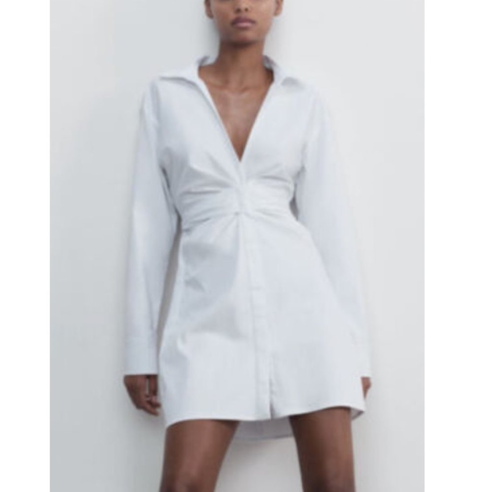 NWT! Zara Short Stretch Poplin Dress White Knot